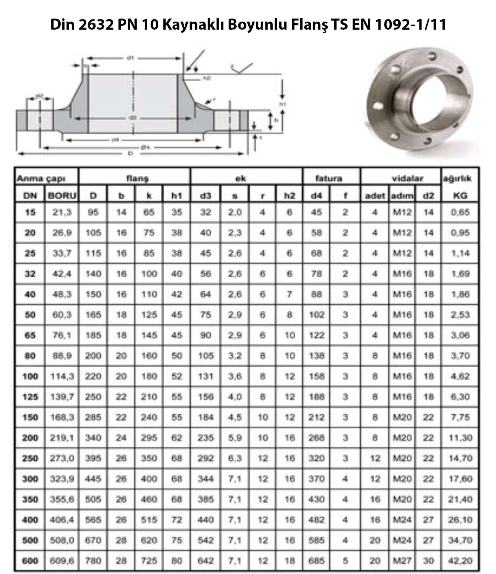 Din 2632 PN 10 Kaynaklı Boyunlu Flanş TS EN 1092-1/11