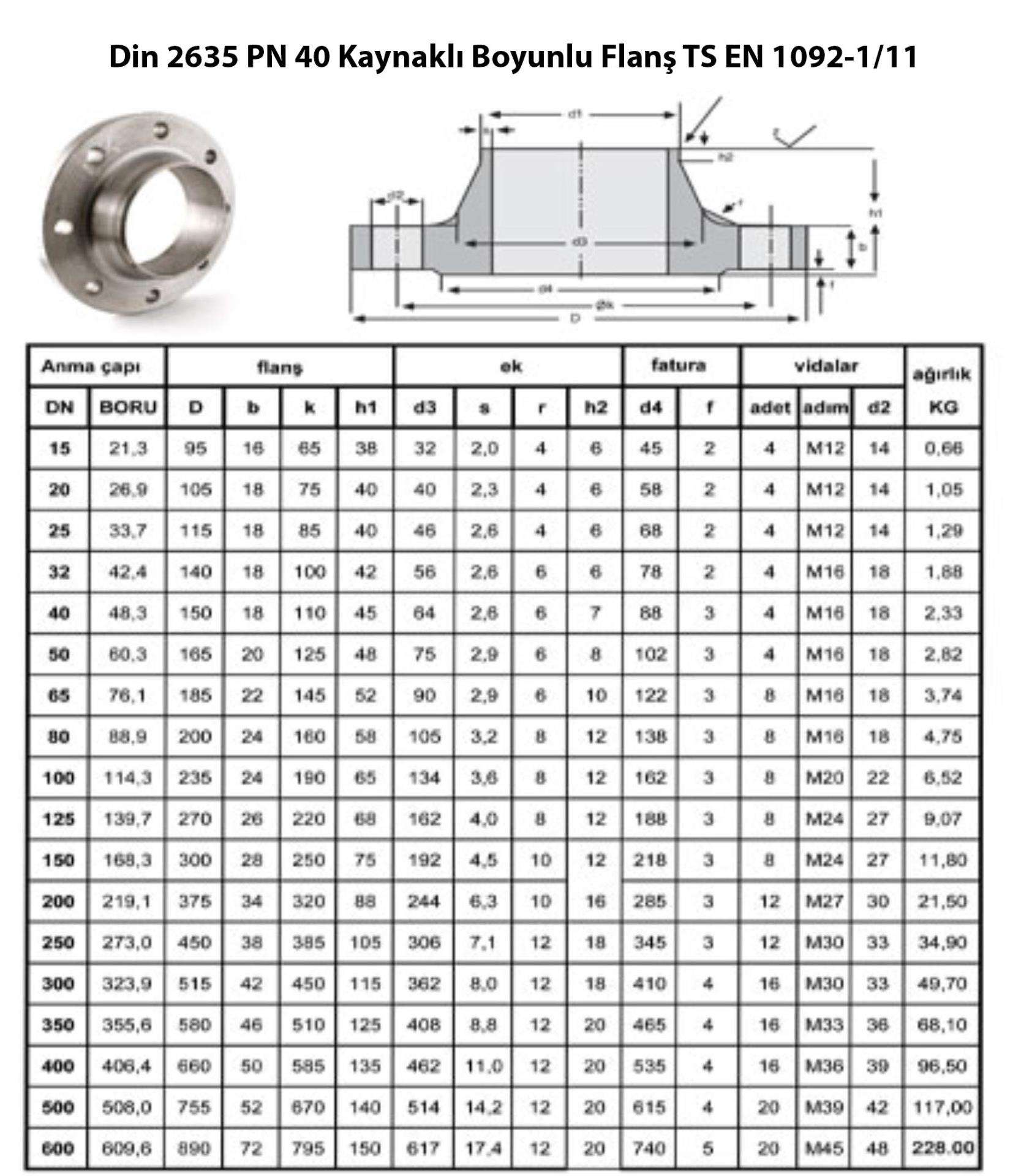 Din 2635 PN 40 Kaynaklı Boyunlu Flanş TS EN 1092-1/11